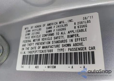 2012 Honda Accord 2.4 Ex z USA, uszkodzony, nr VIN 1HGCP2F77CA007889